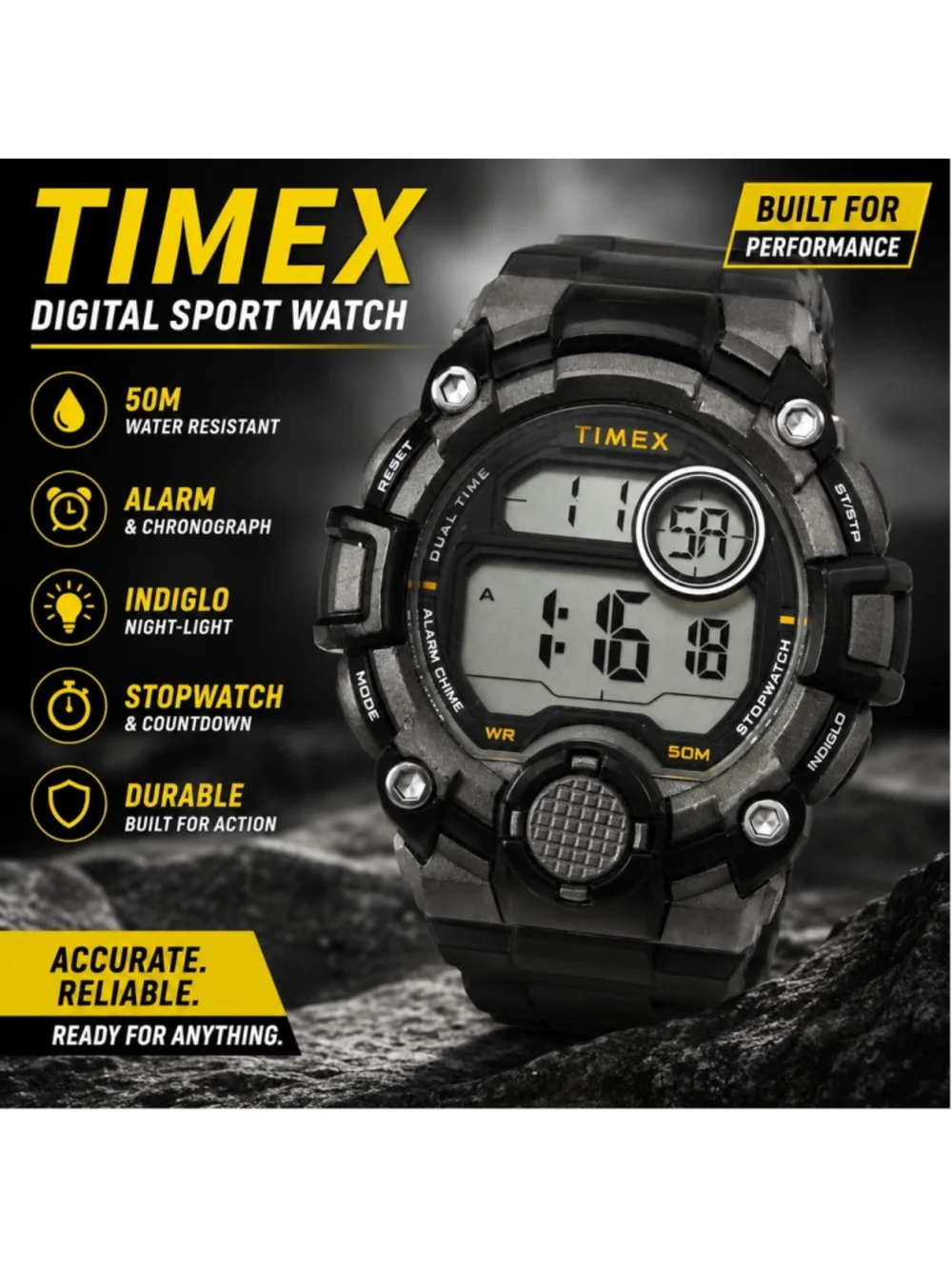 Timex TWSM27700 Digital Sport Watch 50M WR Alarm Chronograph Indiglo Black